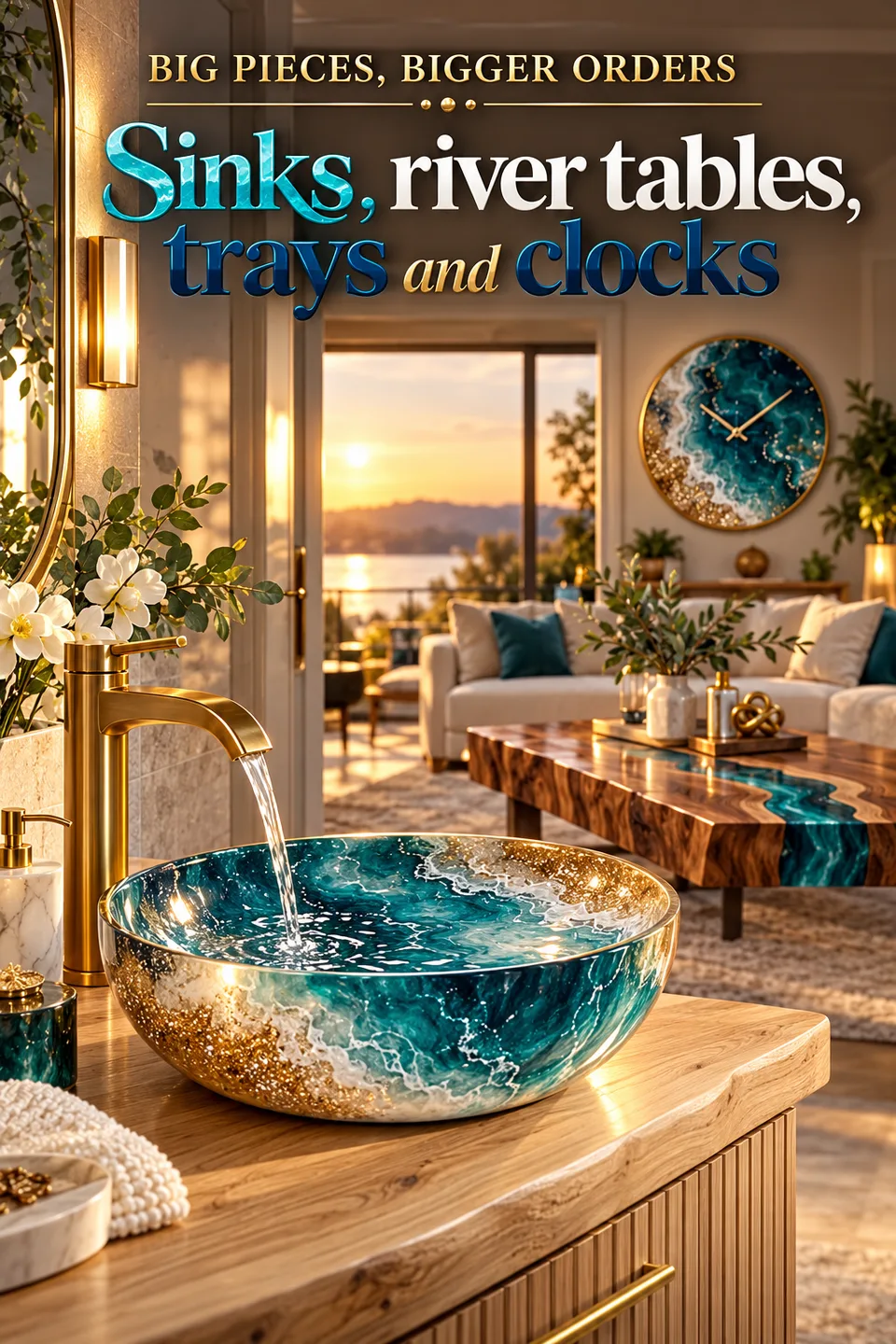 Big pieces, bigger orders. Sinks, river tables, trays and clocks