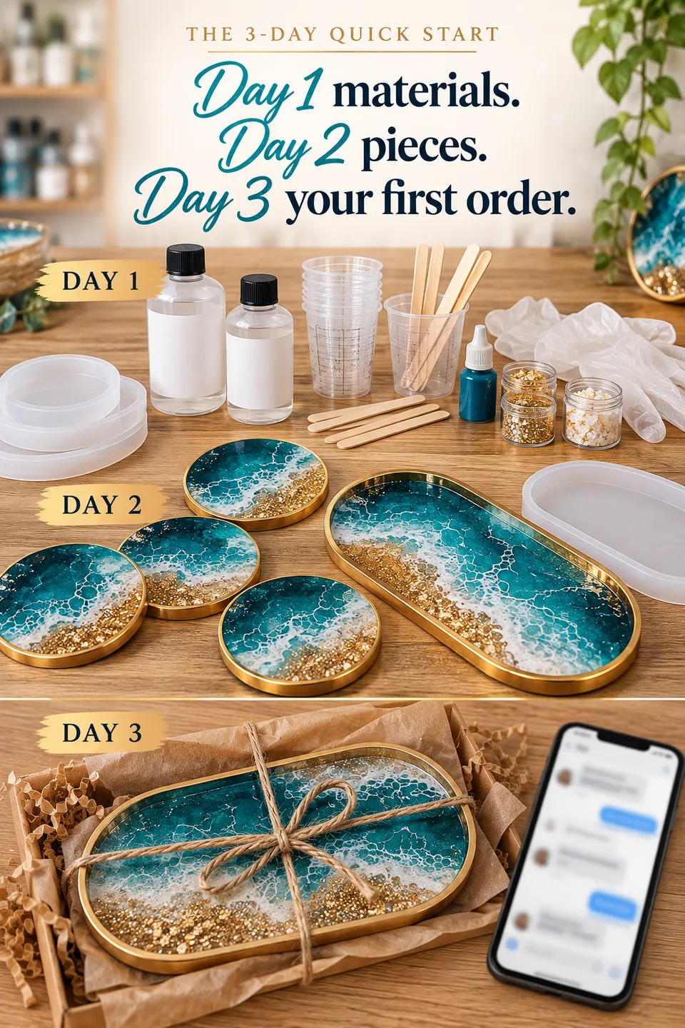 The 3-Day Quick Start. Day 1 materials. Day 2 pieces. Day 3 your first order.