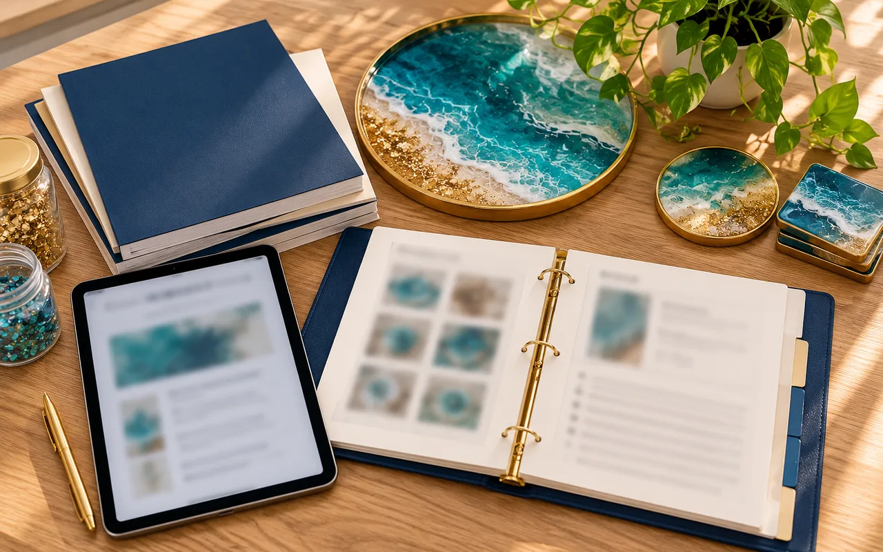 Printed guides and resin samples on the worktable